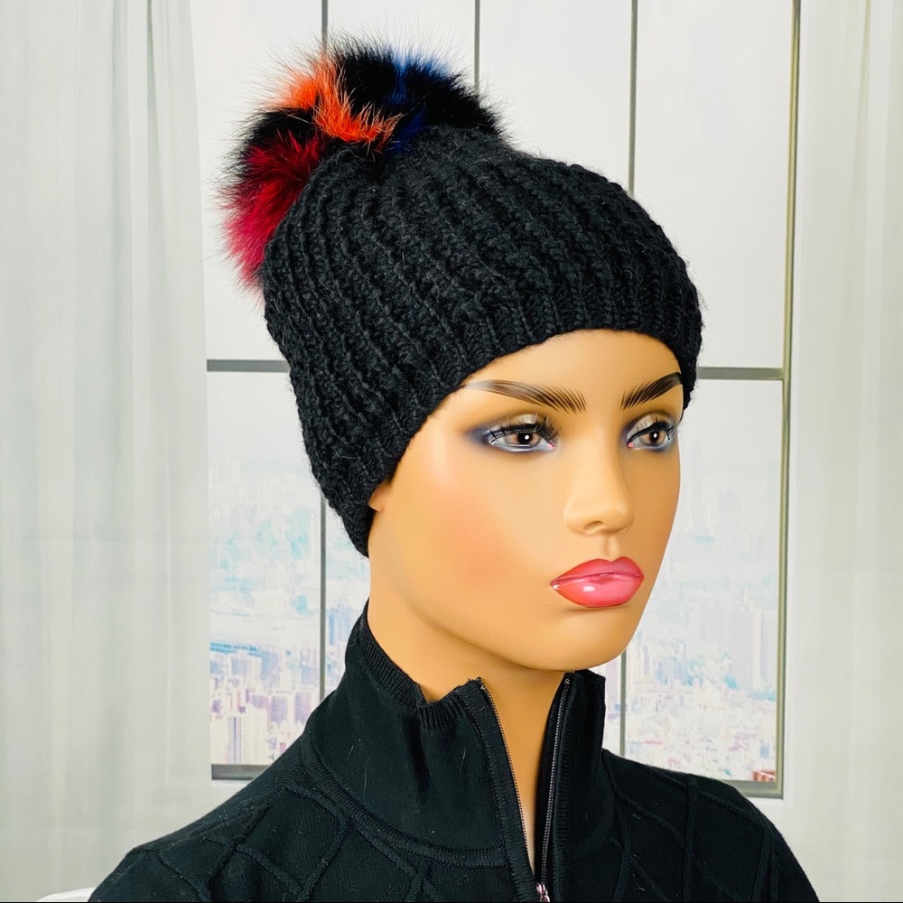 NWT Classic Knit Beanie with Multi-Color Fox Pom